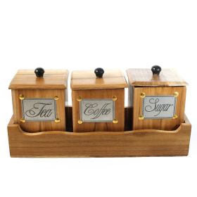 WILLART Handcrafted Teak Wood Antique Look Tea Coffee Sugar 3 Container Set in Wooden Tray ‚Äì Container with Lids (Dimension : 13.50 x 5.50 x 6 Inch)