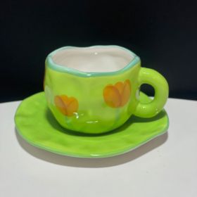 Hand-painted White Clouds Coffee Set Hand-pinching Irregular (Option: Green Tulip-250ml)