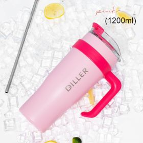 Stainless Steel Handle Car Water Straw Thermal Insulation Cup (Option: Pink-1.2L)