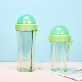 Double Drinking Straw Fruit Teas Plastic Cup Outdoor Large Capacity (Option: Green-420m)