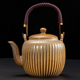 Large Capacity Japanese Style Simple Rib Ceramic Teapot (Option: Yellow Rib-About 760 ML)