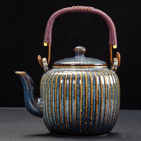 Large Capacity Japanese Style Simple Rib Ceramic Teapot (Option: Cobalt Blue Rib-About 760 ML)